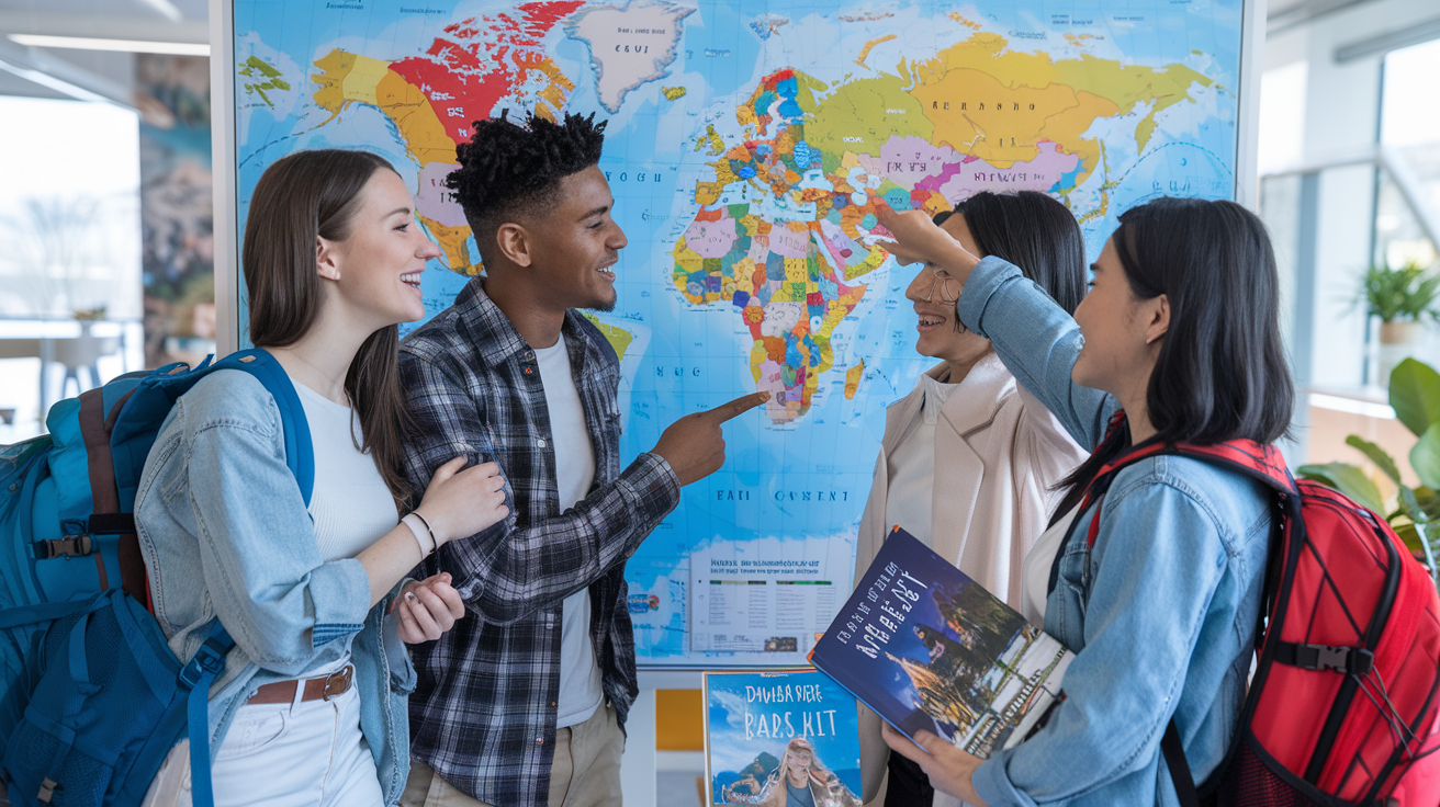 Create a realistic image of a diverse group of young travelers (white female, black male, Asian female) standing in front of a world map, pointing excitedly at various countries, with backpacks and guidebooks nearby, in a bright, welcoming travel agency office setting, conveying enthusiasm and anticipation for their first international trips.