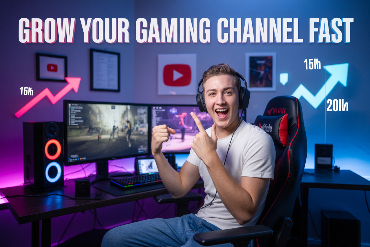 Create a realistic image of a young white male content creator sitting at a modern gaming setup with dual monitors displaying YouTube analytics and gaming footage, wearing gaming headphones and gesturing enthusiastically toward the camera, surrounded by RGB LED lighting, gaming peripherals, and YouTube play button plaques on the wall, with upward trending arrow graphics and subscriber count numbers floating around him, featuring the text "GROW YOUR GAMING CHANNEL FAST" prominently displayed at the top of the image in bold, modern font with a slight glow effect.