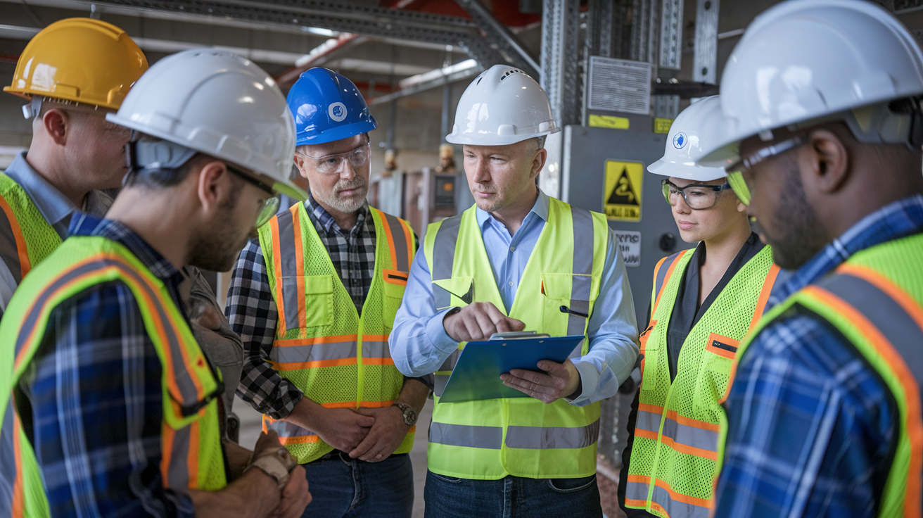 Create a realistic image of a diverse workplace safety meeting with a white male supervisor pointing at a JSA document on a clipboard while a racially diverse group of workers (including Black, Asian, and Hispanic men and women) in hard hats and safety vests gather around a construction or industrial site, with safety equipment and warning signs visible in the background, conveying a serious but collaborative atmosphere focused on identifying workplace hazards.