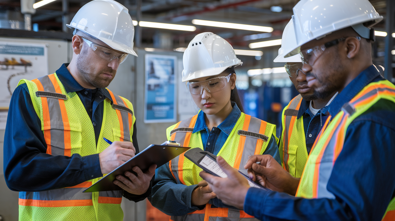 Create a realistic image of a diverse workplace safety team conducting a Job Safety Analysis, showing a white male supervisor with clipboard documenting potential hazards while an Asian female and Black male workers analyze equipment in an industrial setting, with safety posters visible in background, bright lighting highlighting their focused expressions and proper PPE including hard hats and safety vests.