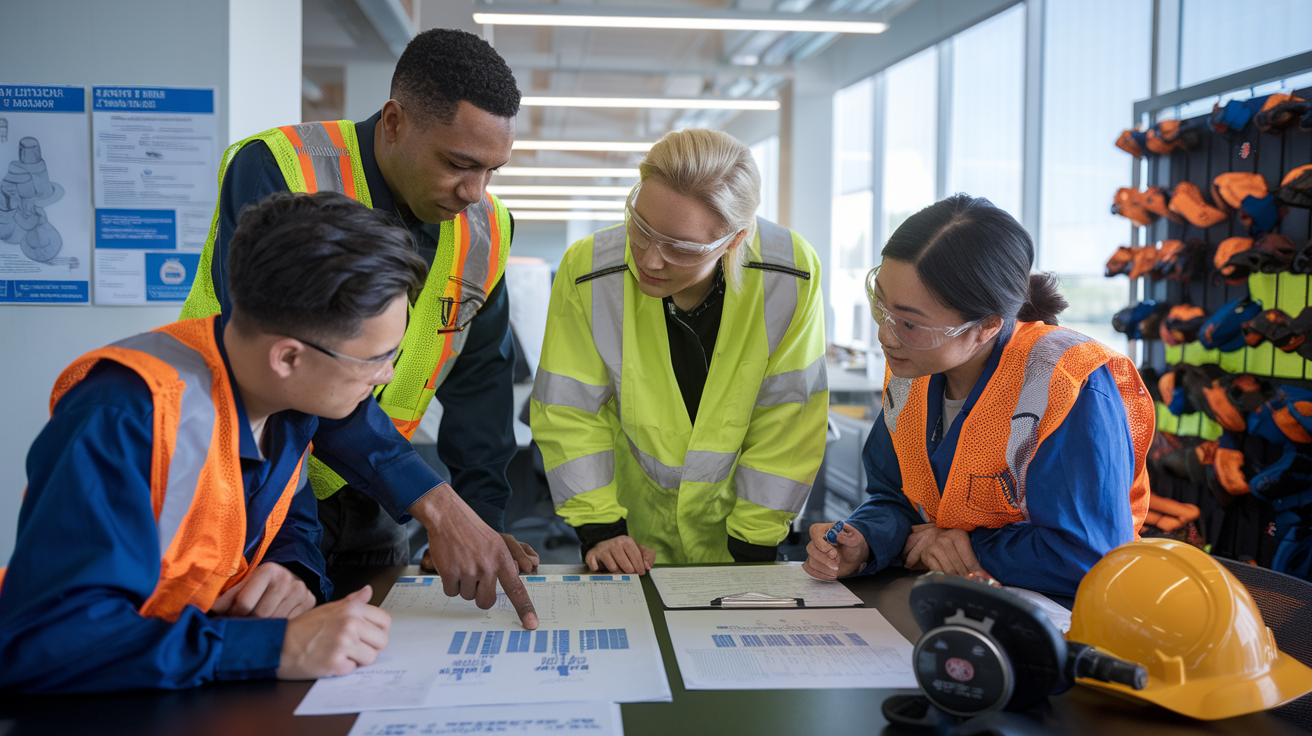 Create a realistic image of a diverse workplace team gathered around a table reviewing JSA documents, with a Black male supervisor pointing at safety procedures while a White female worker and an Asian male colleague take notes, safety posters visible on walls, personal protective equipment neatly arranged nearby, bright office lighting creating a professional atmosphere that embodies a strong safety culture.