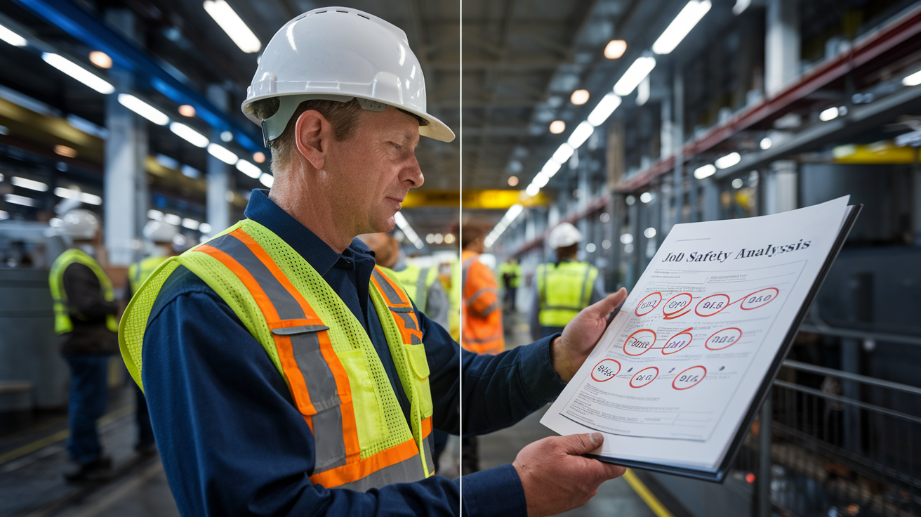 Create a realistic image of a safety manager, white male in his 40s, wearing a hard hat and safety vest, reviewing a JSA document with visible errors circled in red, standing in an industrial workplace with workers in the background, with a split-screen showing incorrect and correct JSA practices, bright overhead lighting highlighting the document, conveying a teaching moment about proper safety analysis procedures.