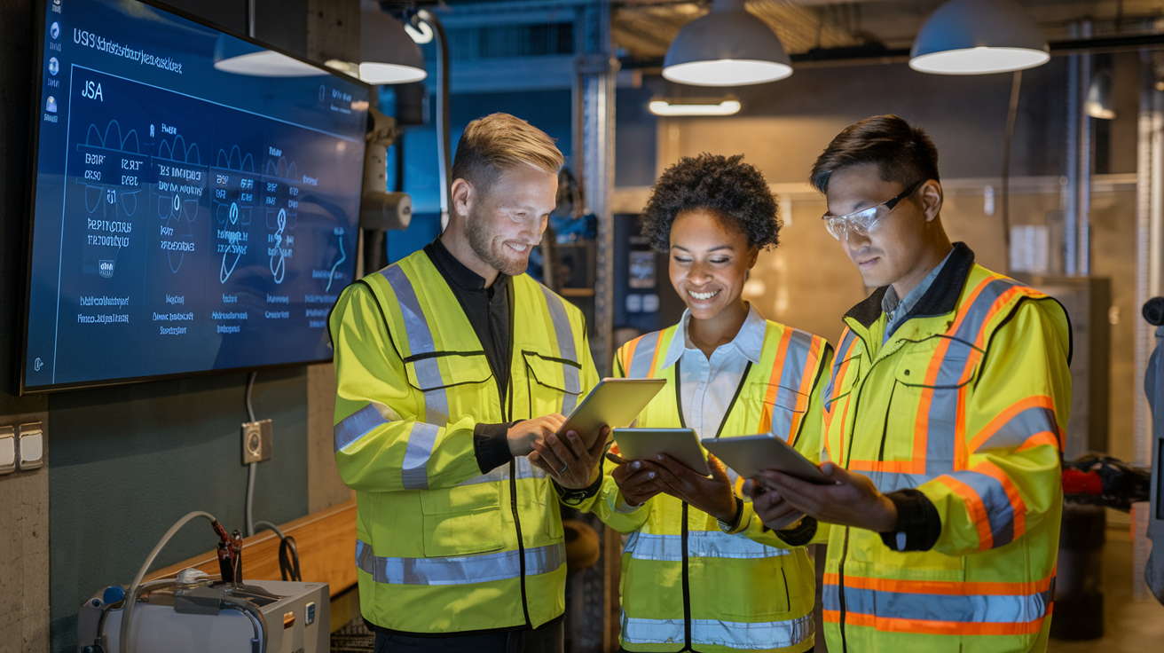 Create a realistic image of a diverse safety team (a white male supervisor, a black female engineer, and an Asian male technician) analyzing complex workplace hazards using digital tablets, standing in a modern industrial setting with safety equipment visible, reviewing a detailed JSA chart displayed on a large screen showing risk matrices and mitigation strategies, warm professional lighting highlighting their collaborative focus on workplace protection.