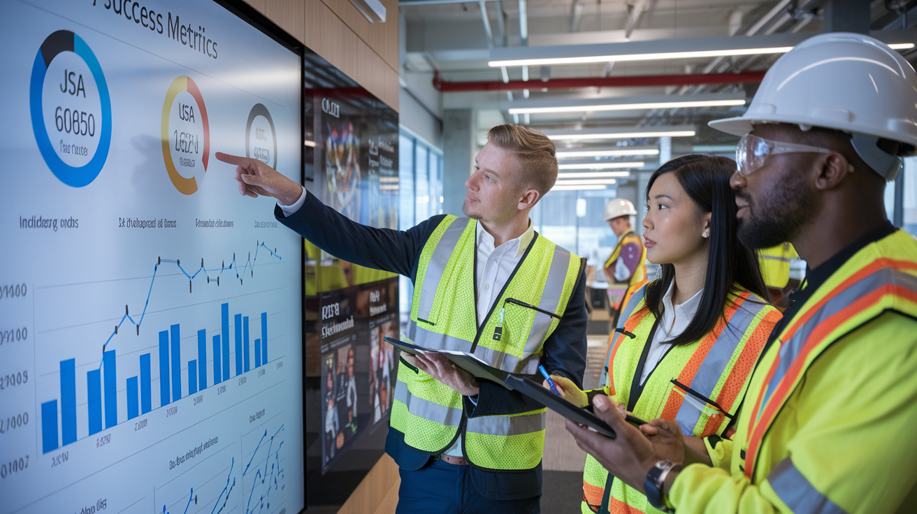 Create a realistic image of a diverse safety management team analyzing data on a large dashboard displaying JSA success metrics, with graphs showing incident reduction trends, a white male manager pointing to a key performance indicator, an Asian female safety officer taking notes, and a Black male worker contributing to the discussion, all in a modern office with safety posters visible in the background.