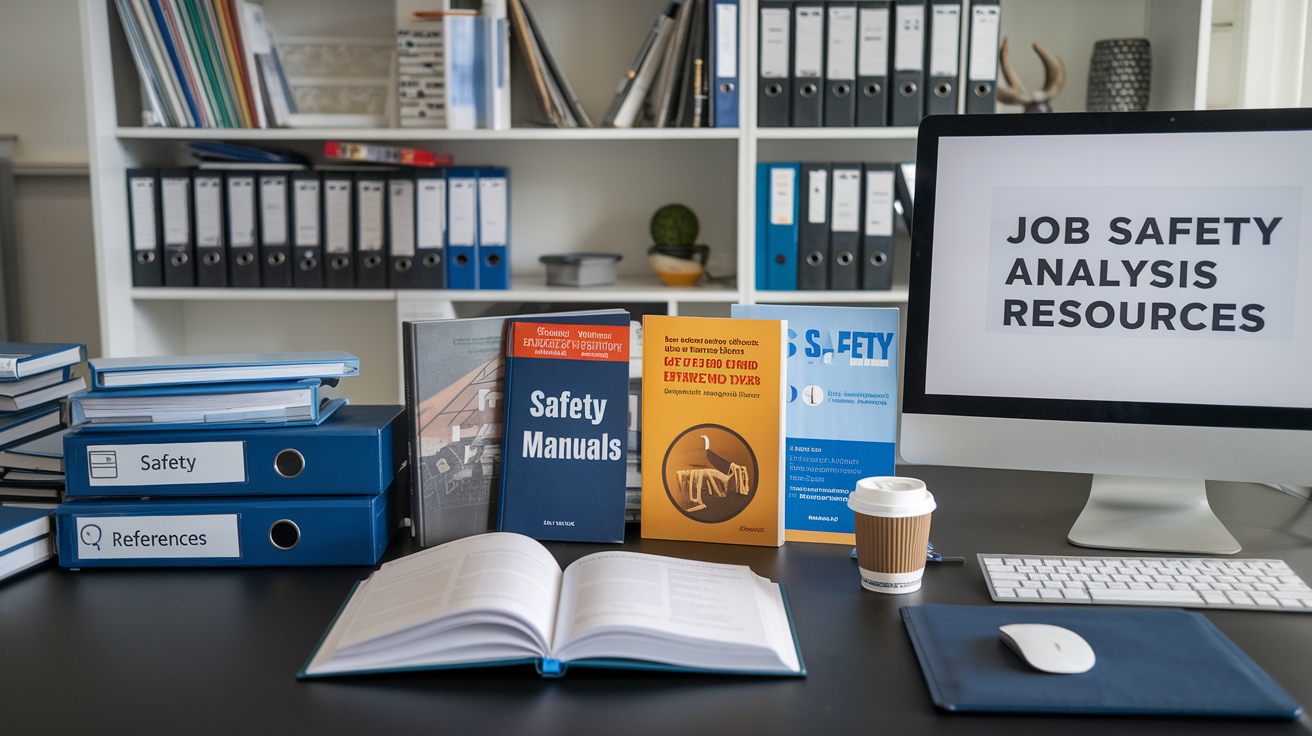 Create a realistic image of a desk with an open reference book, safety manuals, and digital resources on a computer screen displaying "Job Safety Analysis Resources," with sticky notes, a cup of coffee, and a well-organized folder labeled "Safety References" in a well-lit office environment, conveying a professional atmosphere of research and documentation.