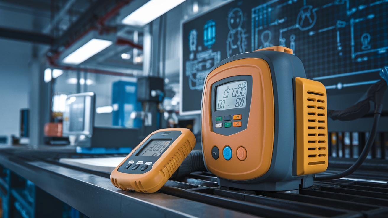 Create a realistic image of a close-up view of modern gas detection technology, showing both fixed and portable gas detectors with digital displays and sensors, positioned on a workbench in an industrial setting with technical schematics or diagrams visible in the background, under bright, clear lighting that highlights the technical features of the devices.