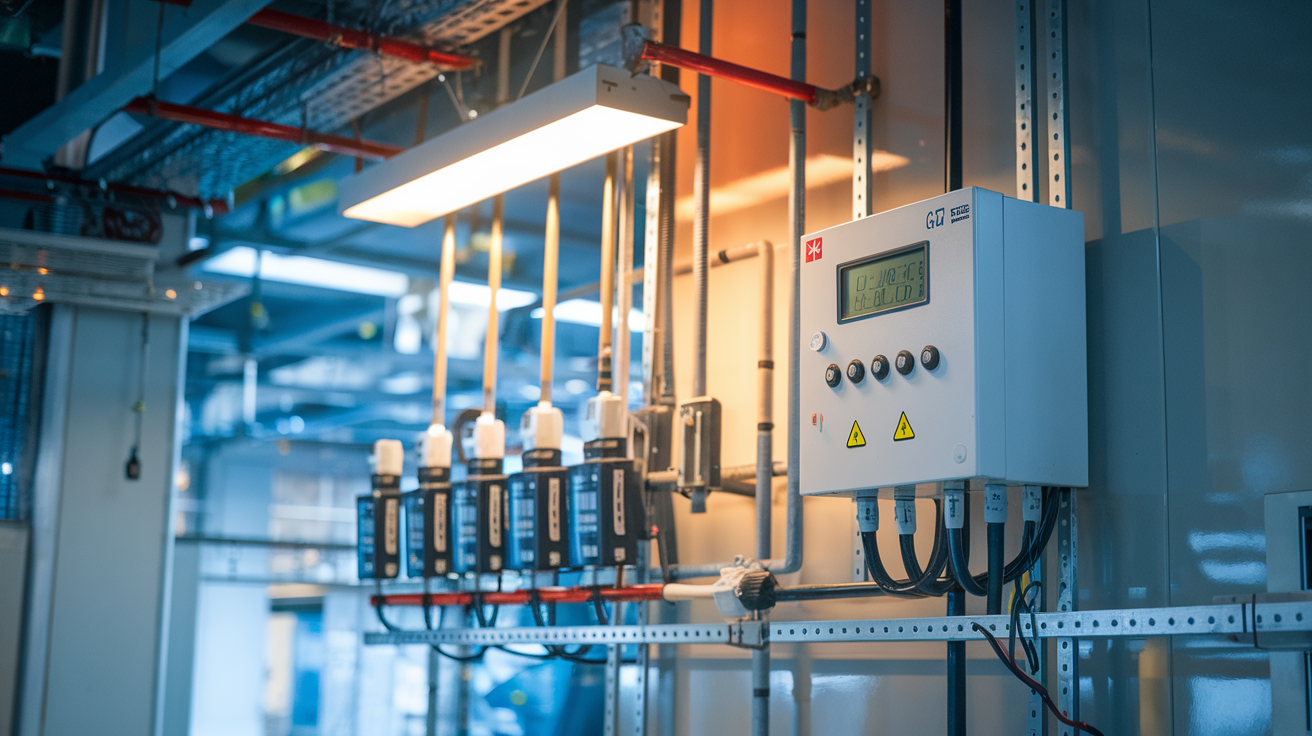 Create a realistic image of a fixed gas detector system mounted on an industrial wall, with multiple sensor units connected to a central control panel displaying gas level readings, showing permanent installation with visible warning lights, conduit, and wiring, in a well-lit industrial environment like a manufacturing facility or chemical plant.