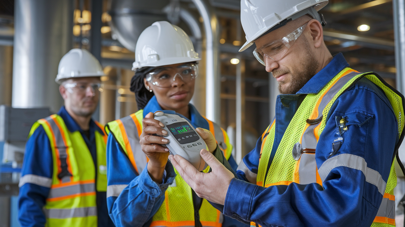 Create a realistic image of a diverse work crew (including a white male, black female, and Asian male) in industrial safety gear examining a handheld portable gas detector in a chemical plant setting, with one worker holding the compact device while others observe its digital readings, emphasizing the device's mobility and practical application in hazardous environments.