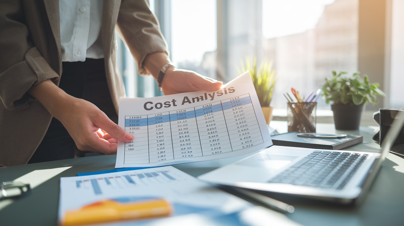 Create a realistic image of a business professional comparing cost analysis spreadsheets showing price breakdowns of fixed gas detection systems mounted on walls versus portable gas detectors on a desk, with purchase cost, maintenance, and lifespan columns clearly visible, in a modern office with soft natural lighting.