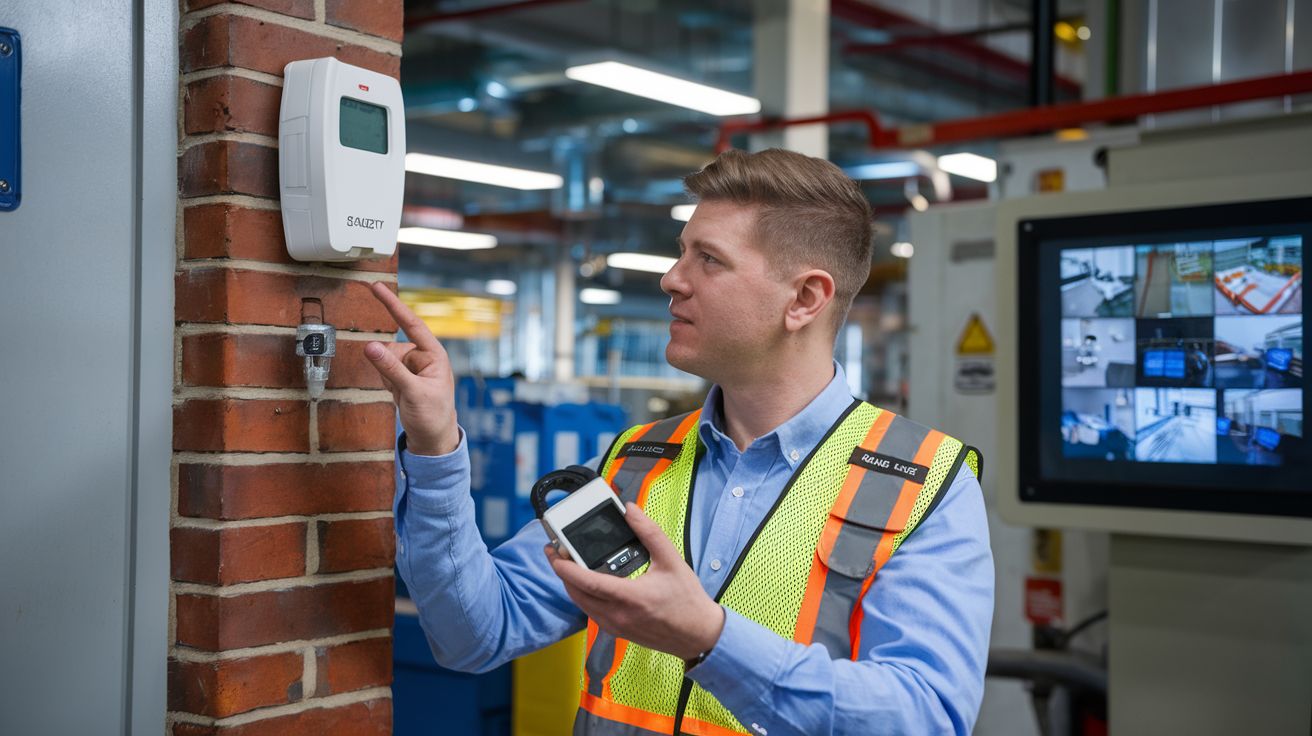 Create a realistic image of a safety manager (white male) in an industrial setting comparing a wall-mounted gas detector with a handheld portable detector, looking thoughtful while evaluating both options, with various work environments visible on a digital display behind him, under bright professional lighting that highlights the technical details of both detection systems.