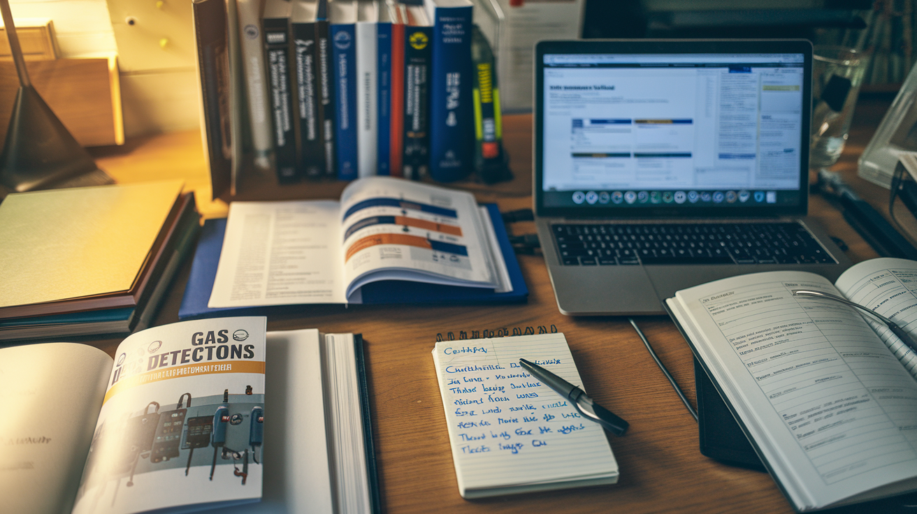 Create a realistic image of a desk with reference materials about gas detection, including open technical manuals, industry standards documents, and a laptop displaying a digital resource library, with a notepad containing handwritten citations, all arranged in an organized workspace with warm lighting highlighting the educational materials.