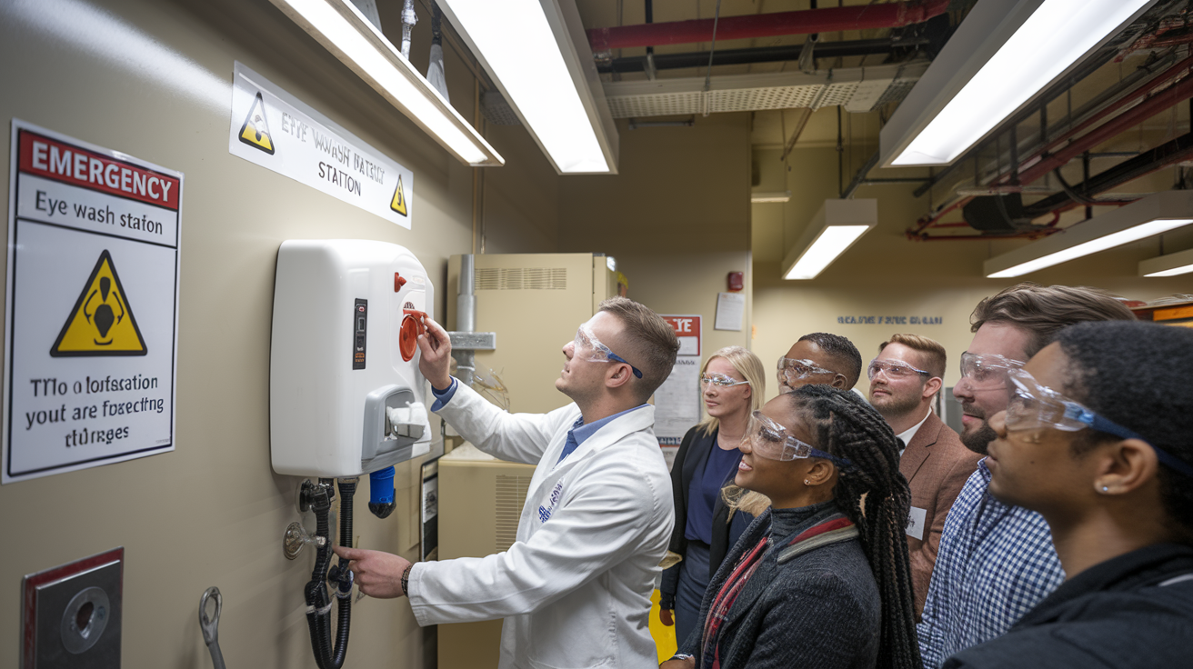 Create a realistic image of a laboratory or industrial setting with a properly installed eye wash station mounted on a wall, with clear signage above it. A white male worker in safety goggles and a lab coat is demonstrating proper eye wash station usage to a small diverse group of attentive colleagues. The background shows chemical storage cabinets and safety posters emphasizing eye protection protocols. The scene is well-lit with overhead fluorescent lighting highlighting the emergency equipment.
