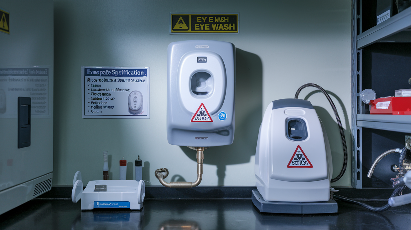 Create a realistic image of different types of eye wash stations in a laboratory setting, showing both plumbed units mounted on walls and portable eye wash stations on countertops, with clear safety signage visible, proper lighting highlighting the equipment, and a small equipment specifications chart nearby, demonstrating the appropriate installation heights and clearance areas required for emergency use.