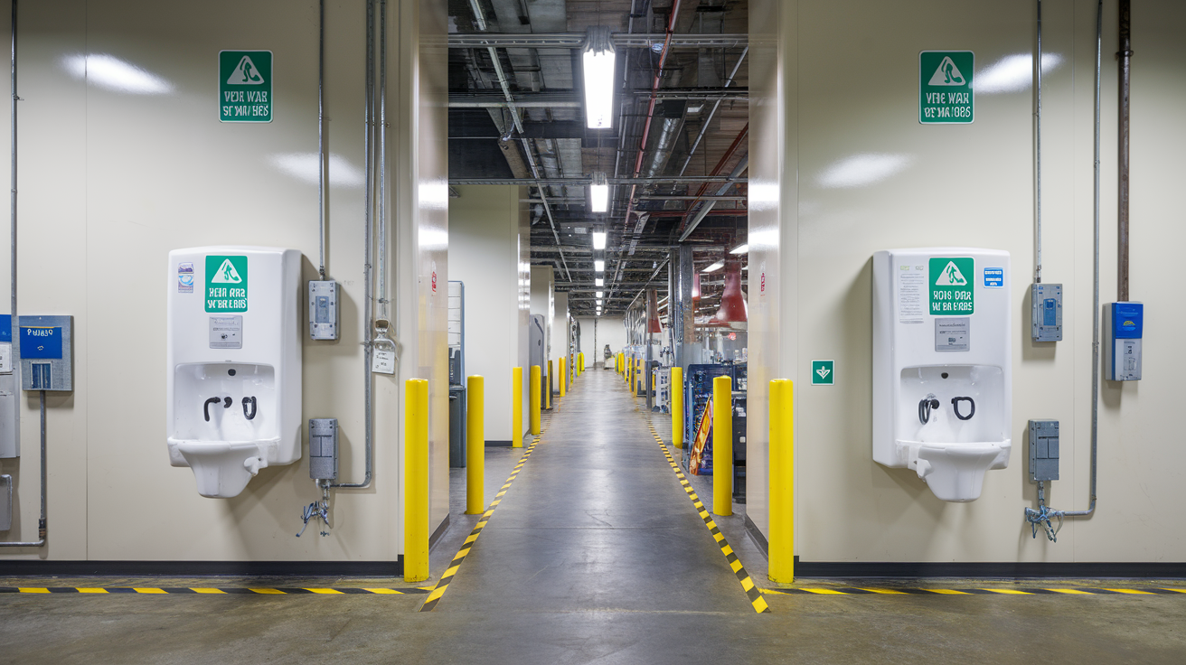 Create a realistic image of a well-lit industrial workspace with strategically placed eye wash stations mounted on walls at accessible heights, clearly marked with green safety signs, and positioned near areas with potential chemical hazards, with clear pathways leading to each station and distance markers showing the 10-second access rule compliance.