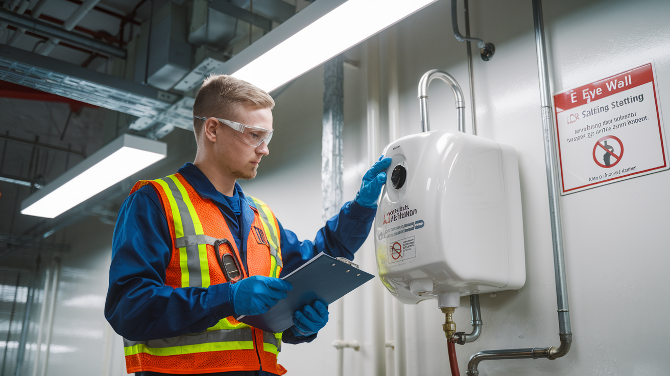 Create a realistic image of a maintenance technician, a white male wearing safety glasses and gloves, inspecting an eye wash station mounted on a white wall in an industrial setting, with a maintenance checklist clipboard in hand, proper plumbing connections visible, clear instructional signage nearby, and bright overhead lighting illuminating the properly installed safety equipment.