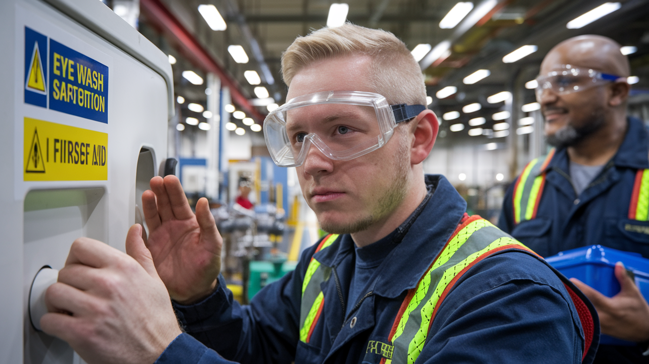 Create a realistic image of a close-up view of a white male industrial worker in protective goggles demonstrating proper eye wash station usage during an emergency, with a colleague nearby holding a first aid kit, in a well-lit manufacturing facility with safety signage visible, conveying urgency and proper safety protocol.