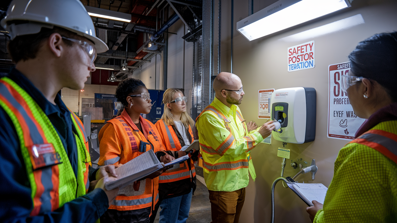 Create a realistic image of a diverse group of workers (white male, black female, and Asian male) being trained on eye wash station procedures in an industrial setting, with a safety instructor demonstrating proper technique at a mounted eye wash station, safety posters visible on the wall, employees taking notes, wearing appropriate PPE, bright overhead lighting illuminating the training area, and a professional, attentive atmosphere.