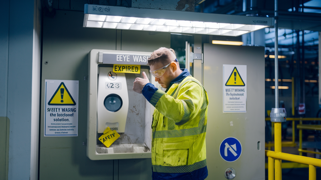 Create a realistic image of an industrial worker making dangerous mistakes at an eye wash station, including improper eye position, blocked access to the station, and expired solution visible on the inspection tag, with warning signs in the background and bright overhead lighting highlighting the safety violations.