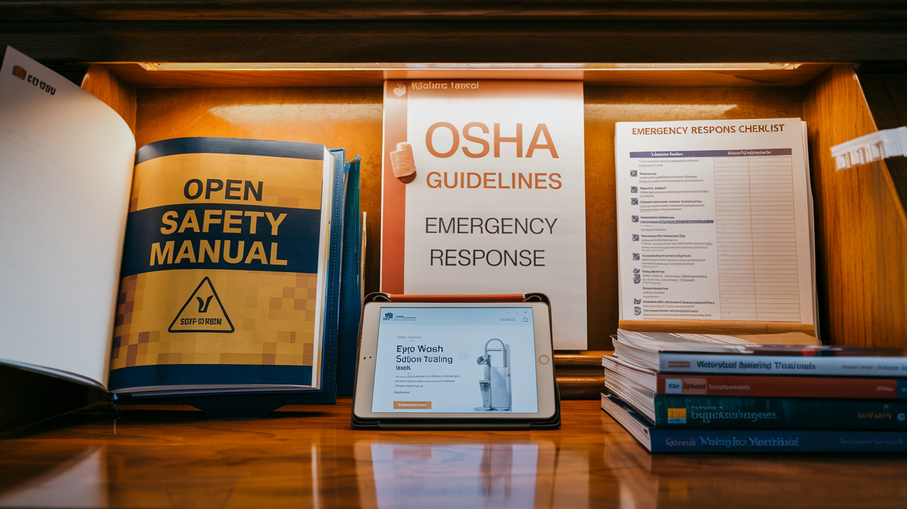 Create a realistic image of a reference section with a wooden desk displaying an open safety manual, OSHA guidelines document, emergency response checklist, and a tablet showing an eye wash station training website, alongside a small stack of academic journals on workplace safety, all arranged neatly with warm lighting highlighting the educational materials.