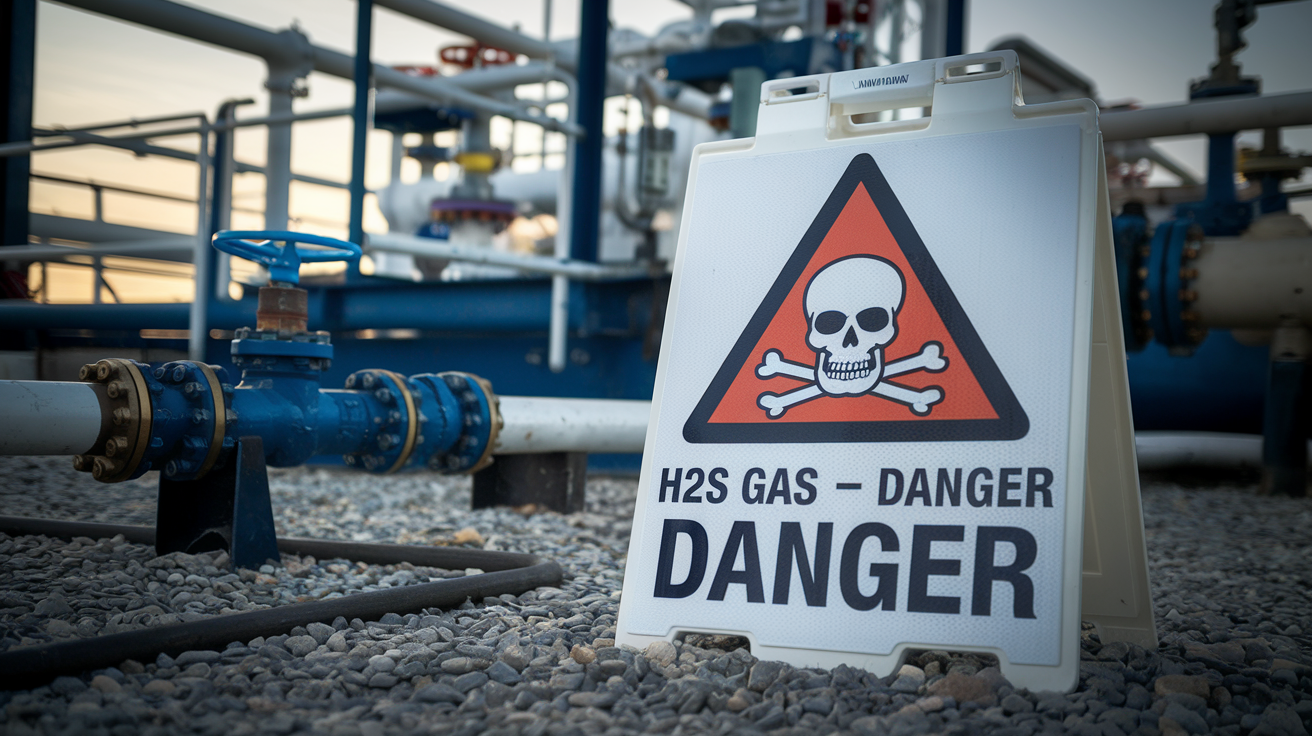 Create a realistic image of a warning sign displaying "H2S GAS - DANGER" with a skull and crossbones symbol, placed in an industrial setting with oil and gas equipment in the background, depicting the hazardous nature of hydrogen sulfide gas, with soft lighting creating an ominous atmosphere to emphasize the "silent killer" aspect of this toxic substance.