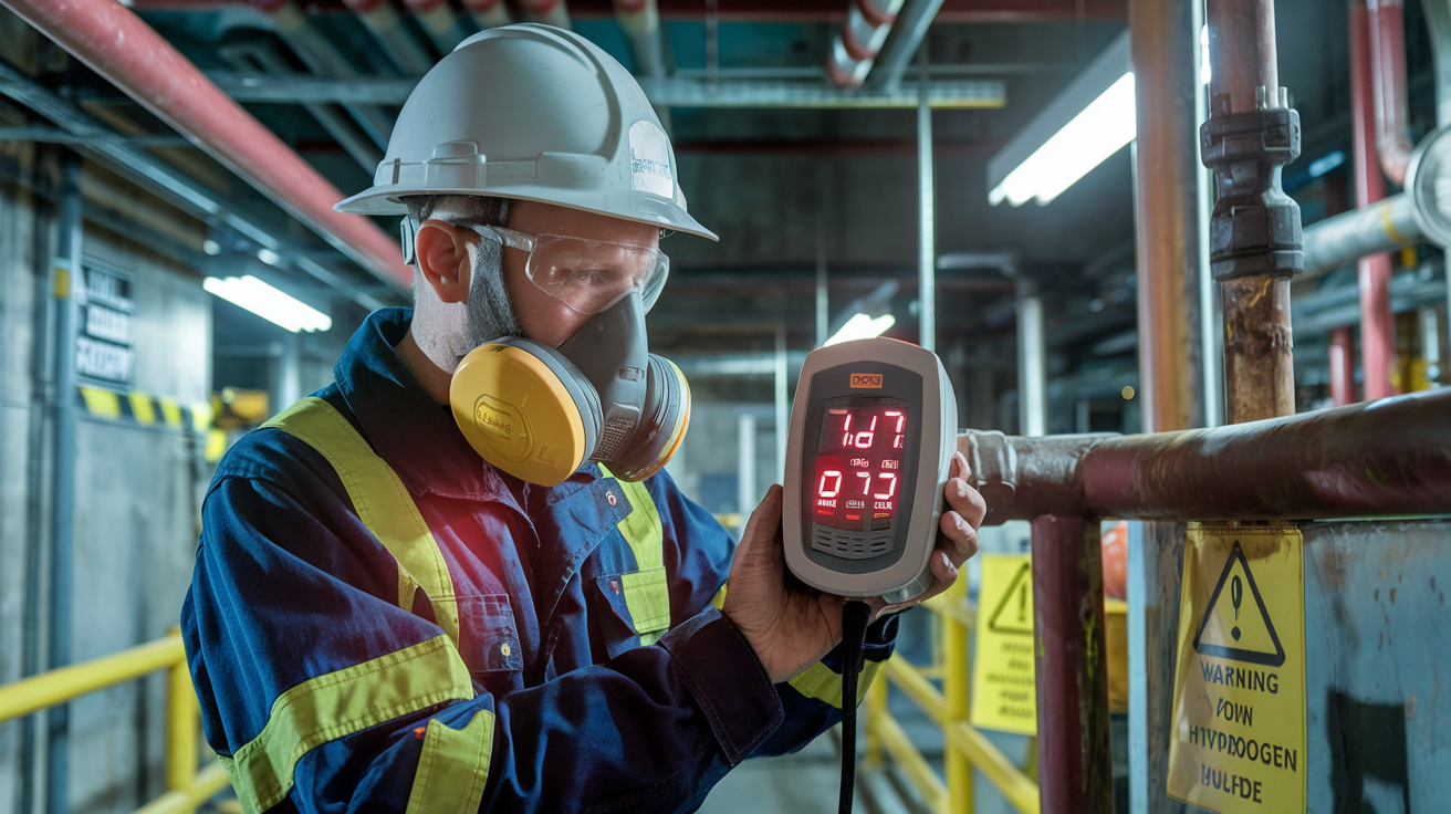 Create a realistic image of an industrial worker, white male, wearing a safety helmet and respirator, examining a gas detector with an alarming red display in a dimly lit industrial setting with pipes and equipment, showing caution as he identifies potential hydrogen sulfide (H2S) gas leaks, with warning signs visible in the background.