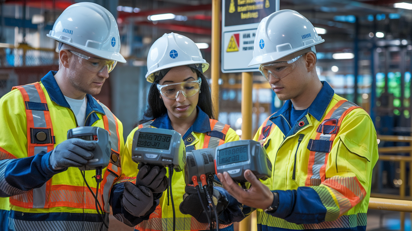 Create a realistic image of a diverse industrial safety team (including white male, black female, and Asian male workers) wearing safety gear and hard hats, examining H2S gas monitors and detection equipment in an industrial setting, with visible digital readouts on the devices, safety warning signs in the background, and proper lighting highlighting the monitoring technologies and their importance in hazardous environments.