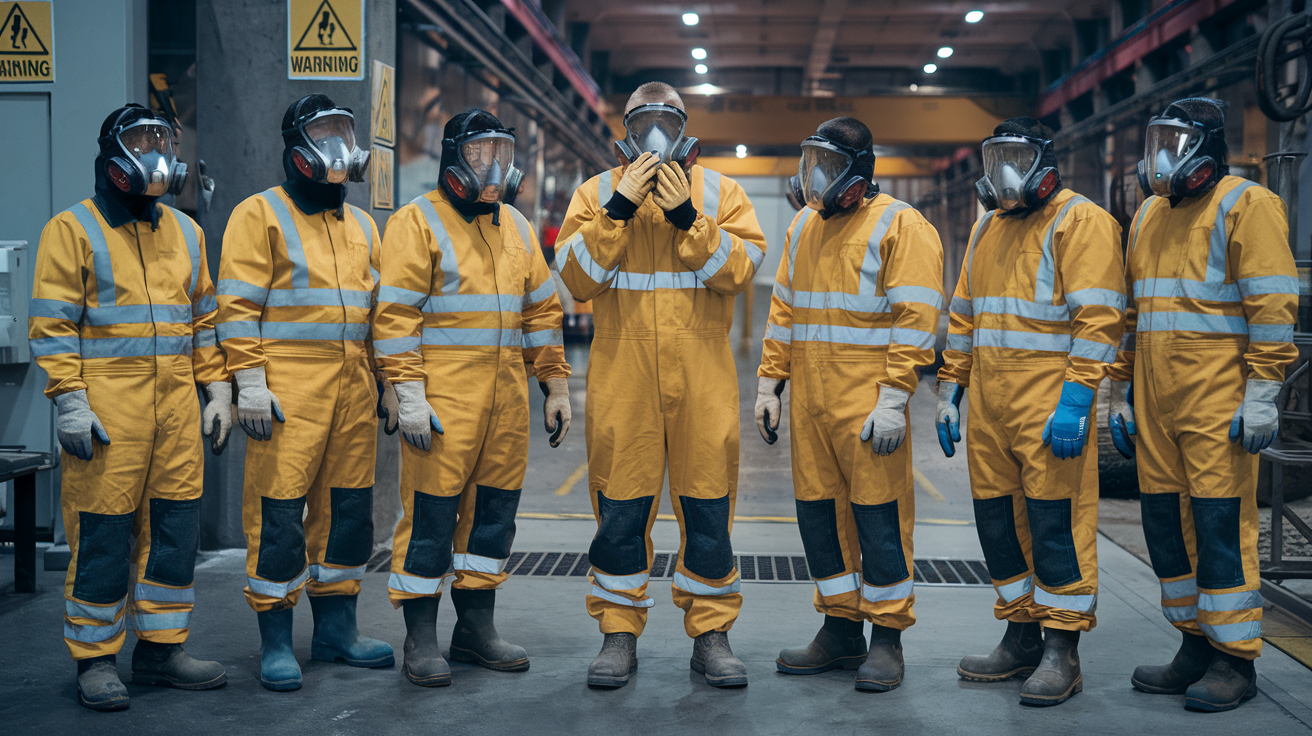 Create a realistic image of a diverse group of industrial workers (including a white male, black female, and Asian male) wearing complete H2S safety PPE including full-face respirators, yellow protective suits, gloves, and safety boots, standing in a industrial facility with H2S warning signs visible in the background, with one worker demonstrating proper respirator fitting to another.