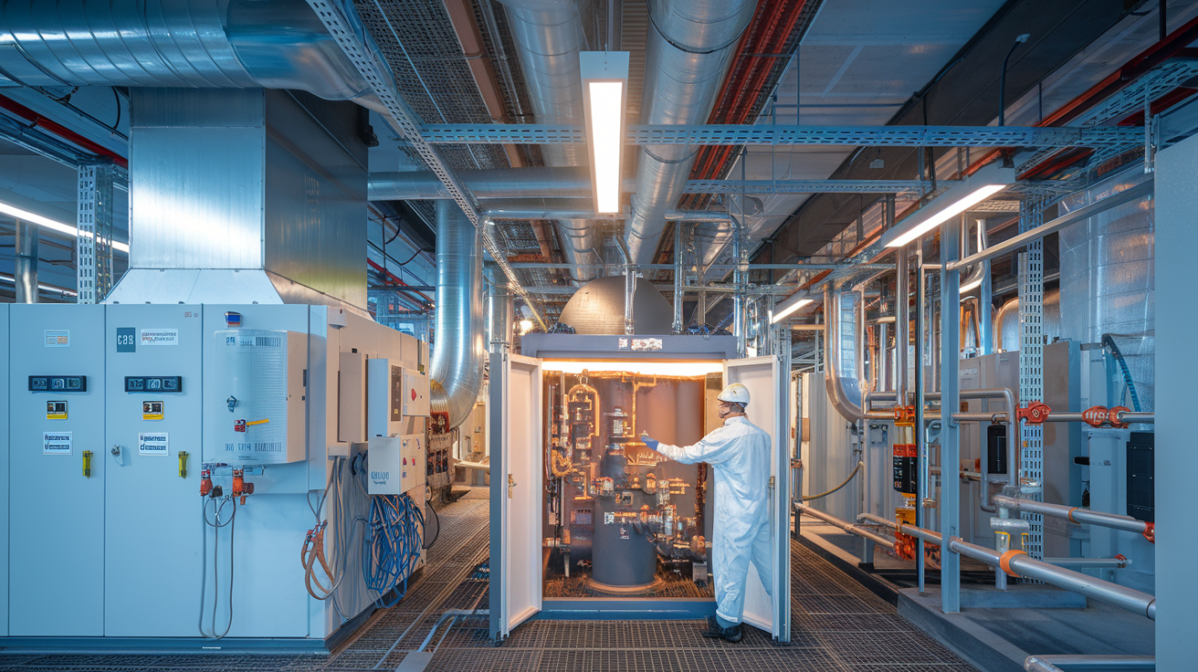 Create a realistic image of a modern industrial facility with engineering control systems in place for H2S gas, showing ventilation ducts, gas monitors, and alarm systems prominently displayed, with a white male engineer in safety gear inspecting an enclosed processing unit designed to prevent hydrogen sulfide leaks, all under bright industrial lighting that highlights the safety features.