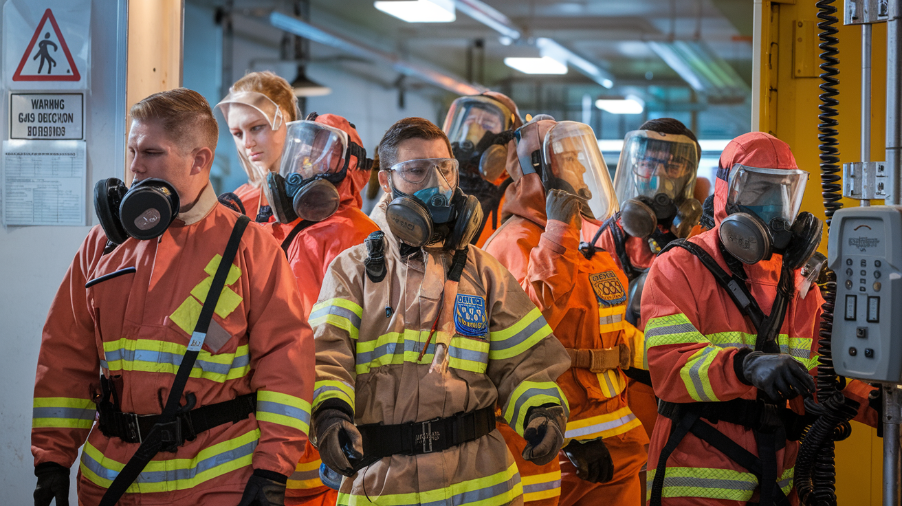 Create a realistic image of an emergency response team in action during an H2S incident drill, showing diverse male and female professionals (white, black, Asian) wearing protective gear including respirators and hazmat suits, with one person coordinating evacuation procedures while another monitors gas detection equipment, set in an industrial facility with warning signs and emergency response plans visible on a wall, featuring serious expressions conveying urgency under bright emergency lighting.