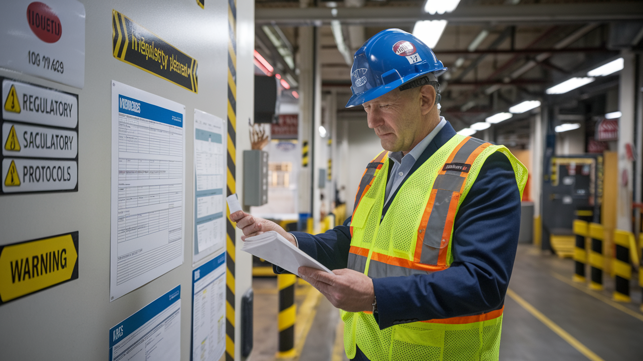 Create a realistic image of a safety professional, middle-aged white male, in a hard hat and high-visibility vest, reviewing H2S compliance documents next to a wall display of regulatory standards and safety protocols, inside an industrial facility with warning signs visible, professional lighting highlighting the serious nature of regulatory compliance in hydrogen sulfide management.
