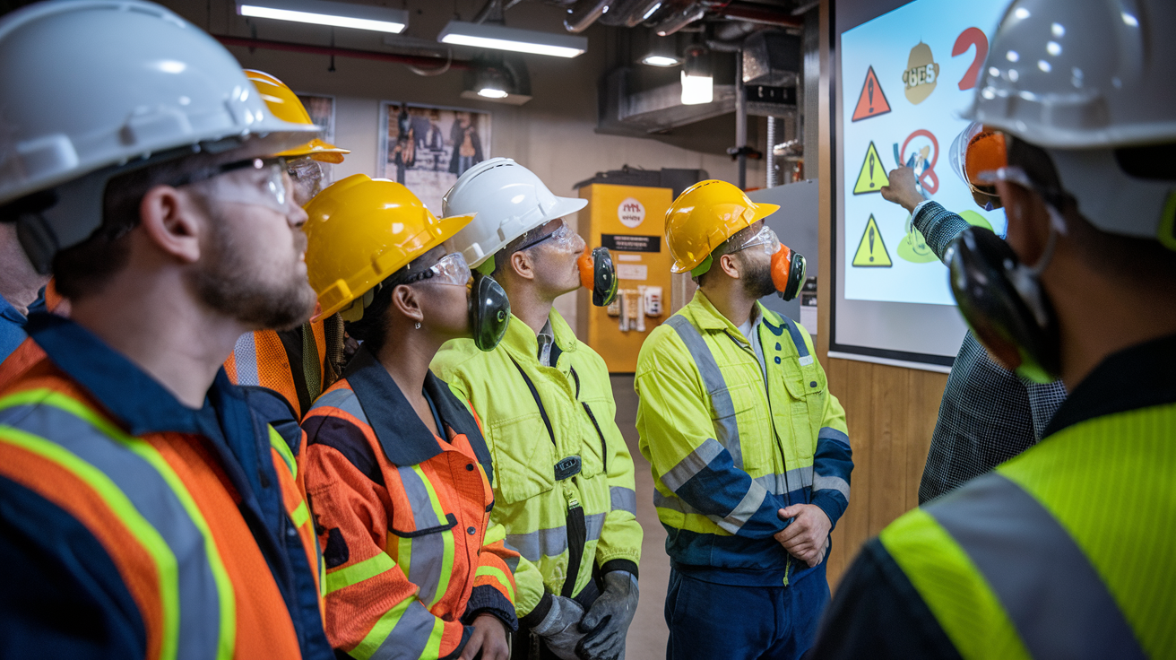 Create a realistic image of a diverse group of industrial workers (white male, black female, Asian male) in safety gear including hard hats and respirators, attentively participating in an H2S safety training session, with an instructor pointing to a presentation slide showing danger symbols, in a well-lit industrial training room with safety posters visible on walls, creating a serious educational atmosphere focused on life-saving protocols.