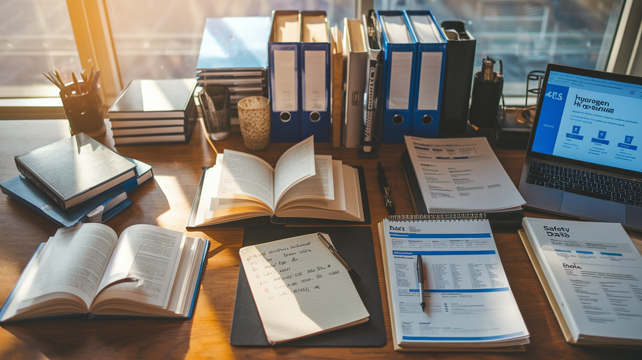 Create a realistic image of a well-organized desk with professional reference materials about H2S safety, including open books, binders with safety protocols, a laptop displaying a digital resource page about hydrogen sulfide, safety data sheets, and a notepad with handwritten notes, all bathed in warm office lighting to convey a studious and informative atmosphere.