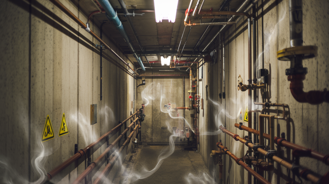 Create a realistic image of a dimly lit industrial confined space with narrow concrete walls, visible hazard signs, exposed pipes, limited headroom, and a sense of claustrophobia, where unseen dangers like toxic gases are represented by subtle vapor wisps, emphasizing the deceptive nature of confined spaces that appear ordinary but contain hidden threats.