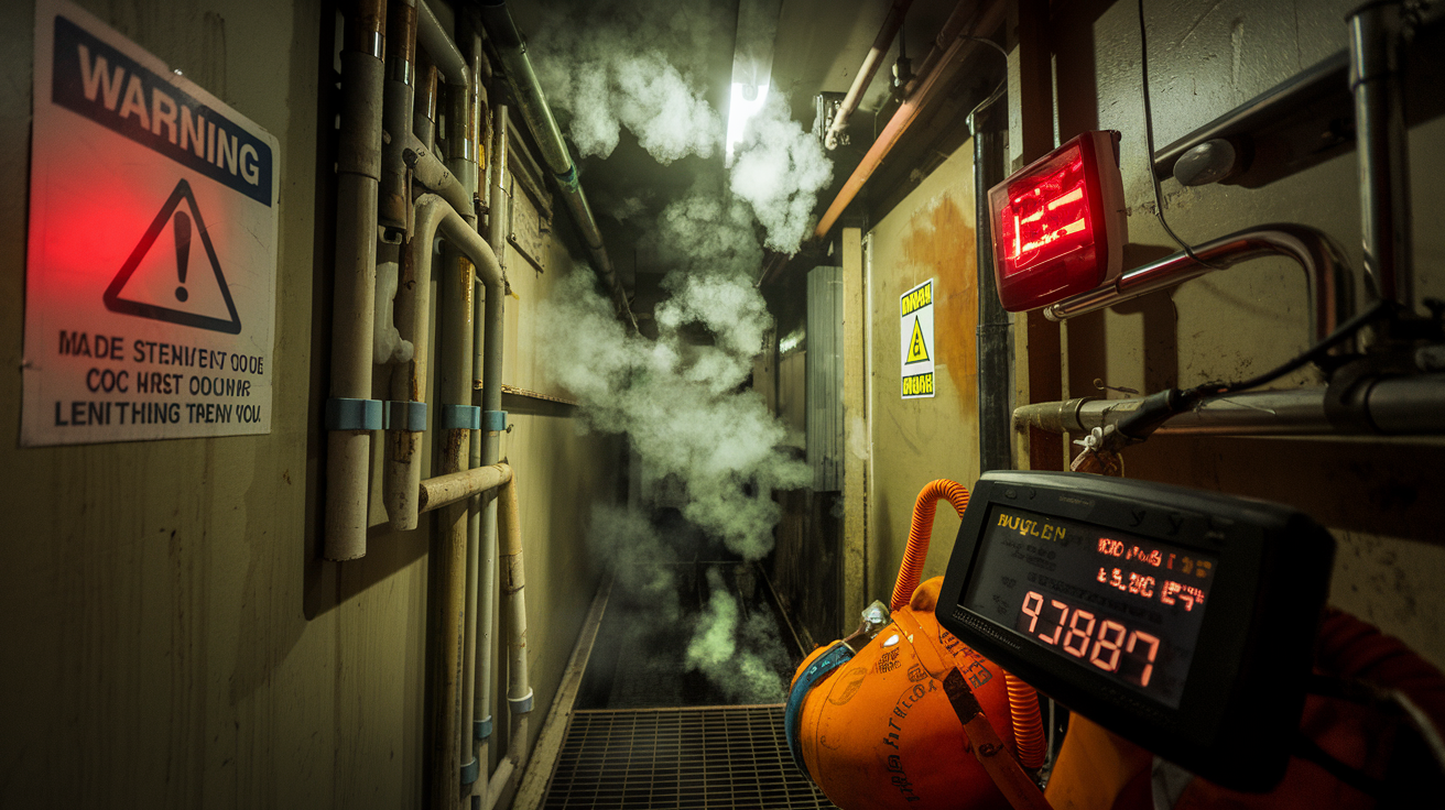Create a realistic image of a dimly lit confined industrial space with visible toxic gas vapors floating in the air, warning signs on the wall, a gas detector with flashing red alert, an oxygen meter showing dangerously low levels, and emergency breathing apparatus nearby, creating an ominous atmosphere that highlights the invisible atmospheric dangers in confined spaces.