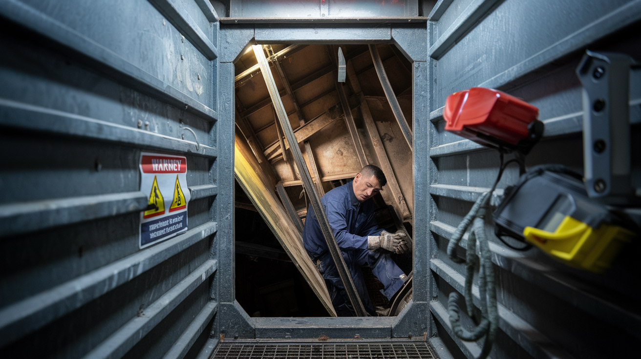 Create a realistic image of a confined industrial space with a narrow metal entryway, showing a male worker (Hispanic) trapped or pinned by a collapsed structure inside, with warning signs about physical hazards visible, dim lighting casting shadows, and nearby safety equipment that appears out of reach, emphasizing the physical entrapment dangers beyond just air quality issues.