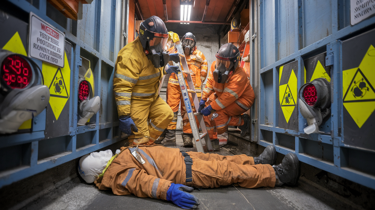 Create a realistic image of rescue workers in protective gear attempting to help a collapsed worker in a confined industrial space, with visible hazardous gas indicators and warning signs, showing one rescuer already affected by the same hazard, emphasizing the danger of untrained rescue attempts in confined spaces.