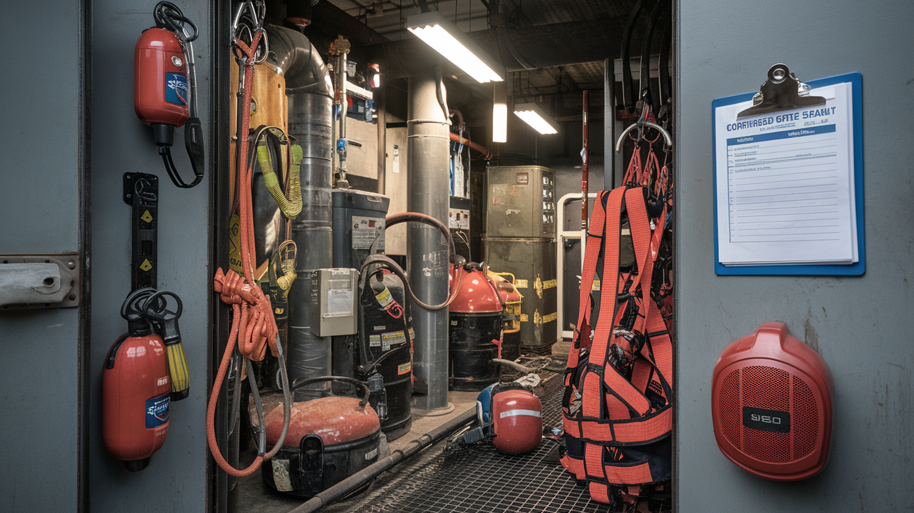 Create a realistic image of safety equipment arranged carefully outside a confined space entrance, including gas detectors, ventilation equipment, rescue harnesses, and communication devices, with a clipboard showing a confined space permit and safety checklist mounted nearby, all well-lit with industrial lighting to emphasize the seriousness of confined space safety protocols.