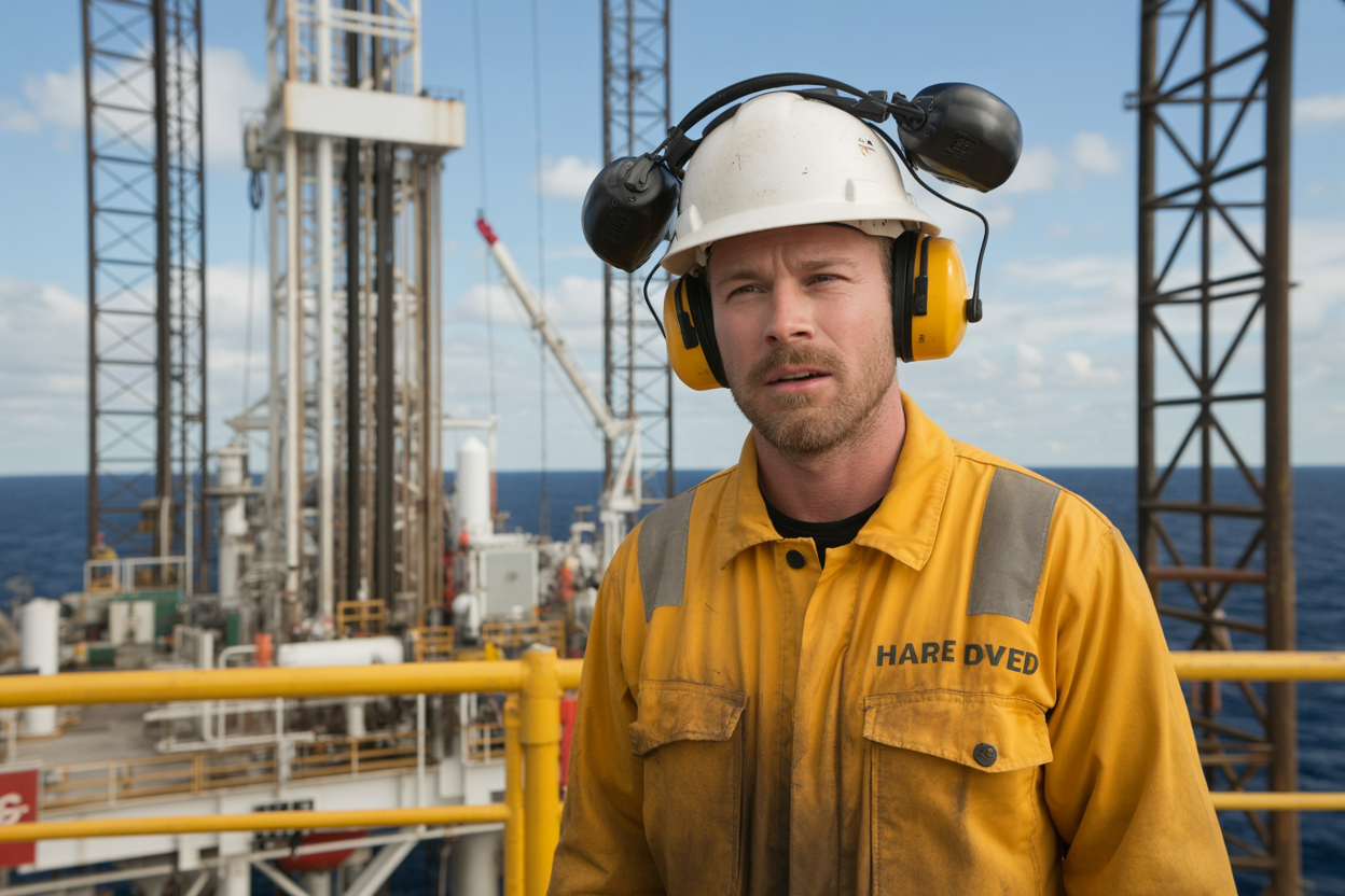 Create a realistic image of a white male drilling rig worker on an offshore oil platform wearing bright yellow safety gear and protective noise-canceling headphones over his hard hat, with industrial drilling equipment and machinery visible in the background, bright daylight with steel structures and ocean horizon, showing proper safety protocols in action, absolutely NO text should be in the scene.