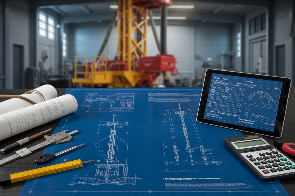 Create a realistic image of a close-up view of technical drilling rig specification documents and blueprints spread across a desk, with detailed engineering drawings showing drill components, performance charts, and technical diagrams, accompanied by a digital tablet displaying drilling data specifications, a calculator, and measurement tools like calipers and rulers, set in a well-lit professional engineering office environment with industrial equipment visible in the blurred background, capturing a focused analytical atmosphere. Absolutely NO text should be in the scene.