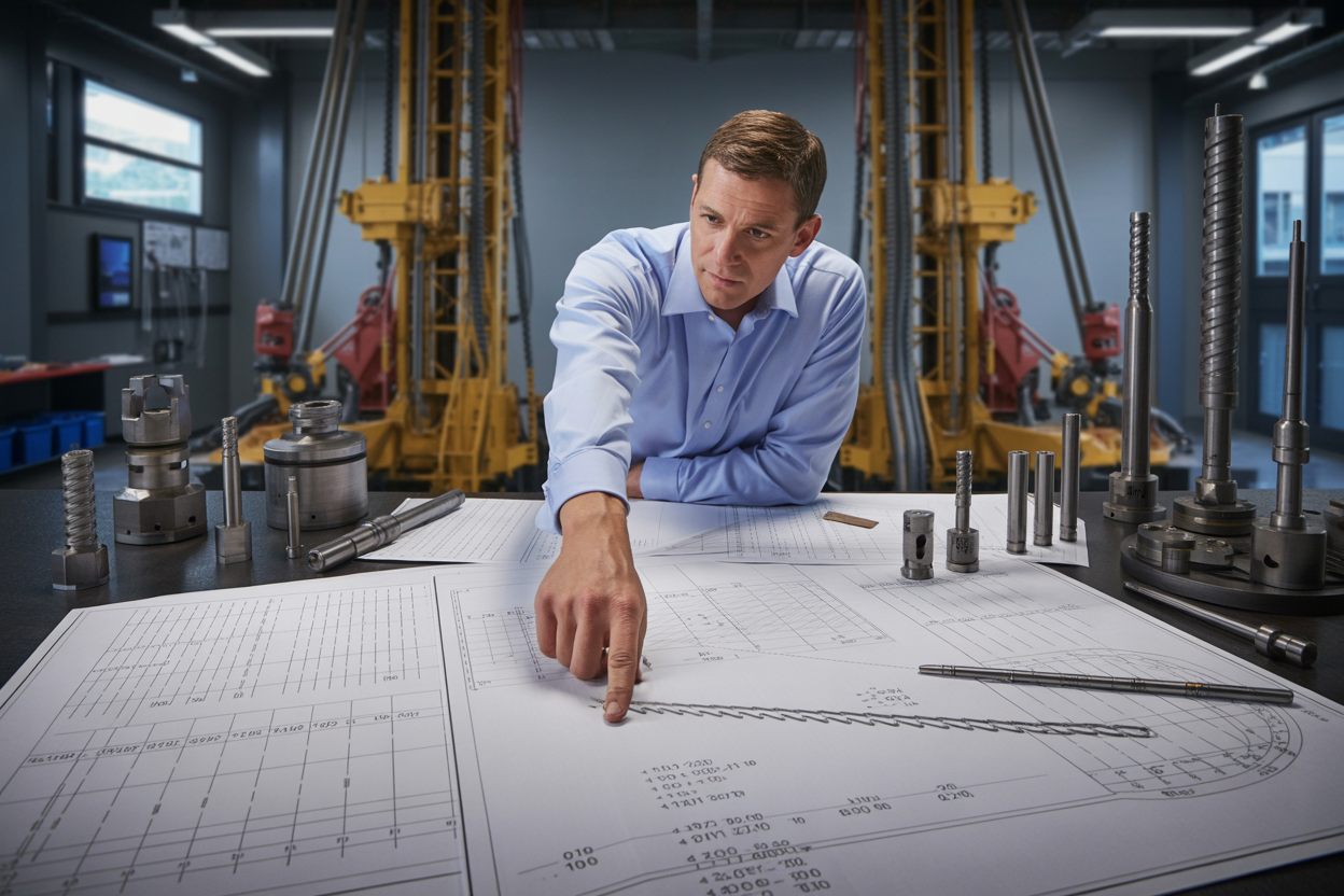Create a realistic image of a professional drilling engineer examining large industrial specifications charts and technical diagrams spread across a table, with detailed weight capacity measurements and load calculations visible on the documents, surrounded by drilling rig component models including drill bits, pipes, and hoisting equipment, in a modern engineering office environment with industrial lighting, showing the person pointing at specific load capacity data while comparing different drilling equipment specifications, absolutely NO text should be in the scene.