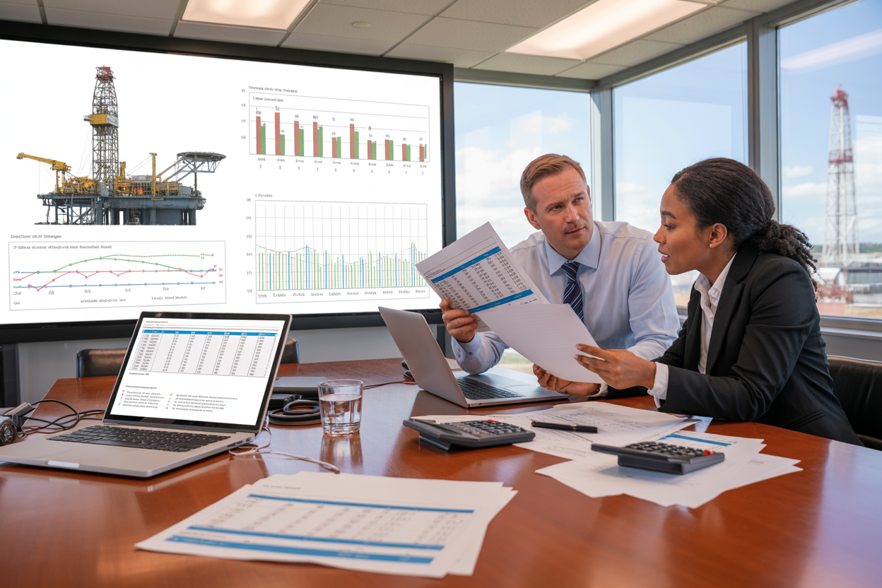 Create a realistic image of a modern office conference room with a large wall-mounted display showing colorful charts and graphs comparing drilling rig operational data, including bar charts with cost metrics and efficiency indicators, a polished wooden conference table with open laptops displaying spreadsheets and financial documents, calculators and printed reports scattered across the table, a white male engineer in business attire and a black female financial analyst in professional clothing reviewing documents together, bright fluorescent office lighting, floor-to-ceiling windows showing an industrial backdrop with drilling rigs in the distance, professional corporate atmosphere with clean modern furniture and neutral color scheme, absolutely NO text should be in the scene.
