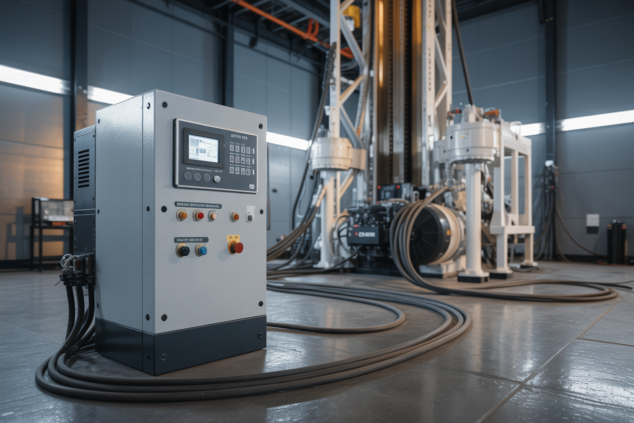 Create a realistic image of a modern industrial drilling facility showing a large Variable Frequency Drive (VFD) control panel with digital displays and control buttons in the foreground, connected to a powerful drilling motor and equipment in the background, with clean industrial lighting illuminating the technical components, cables and conduits running between the VFD unit and drilling machinery, in a well-organized industrial setting with concrete floors and metal framework, capturing the sophisticated electrical control technology used in drilling operations, absolutely NO text should be in the scene.