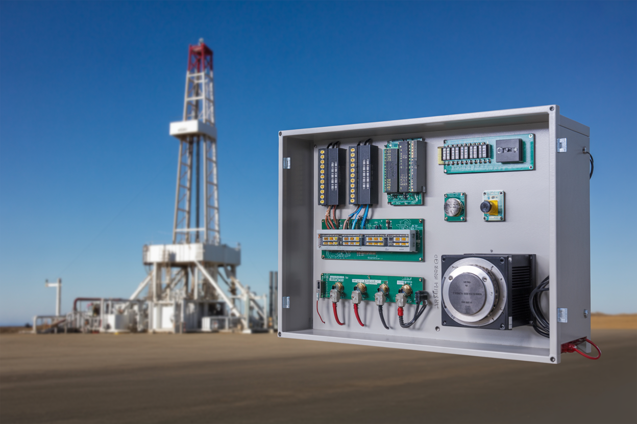Create a realistic image of an industrial SCR (Silicon Controlled Rectifier) drive control panel with visible electronic components, circuit boards, and power modules mounted in a metal enclosure, positioned in a drilling facility environment with oil drilling equipment and machinery visible in the blurred background, under bright industrial lighting with a technical and professional atmosphere, absolutely NO text should be in the scene.