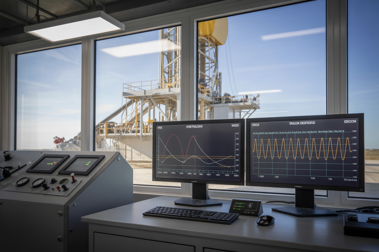 Create a realistic image of a modern drilling operation control room with two large monitor displays showing performance comparison charts and graphs, one screen displaying VFD (Variable Frequency Drive) data with smooth curves and another showing SCR (Silicon Controlled Rectifier) data with different waveform patterns, industrial control panels with various gauges and indicators in the foreground, drilling equipment visible through large windows in the background, professional industrial lighting with a mix of LED panel lights and natural daylight, clean technical environment with steel and glass surfaces, absolutely NO text should be in the scene.
