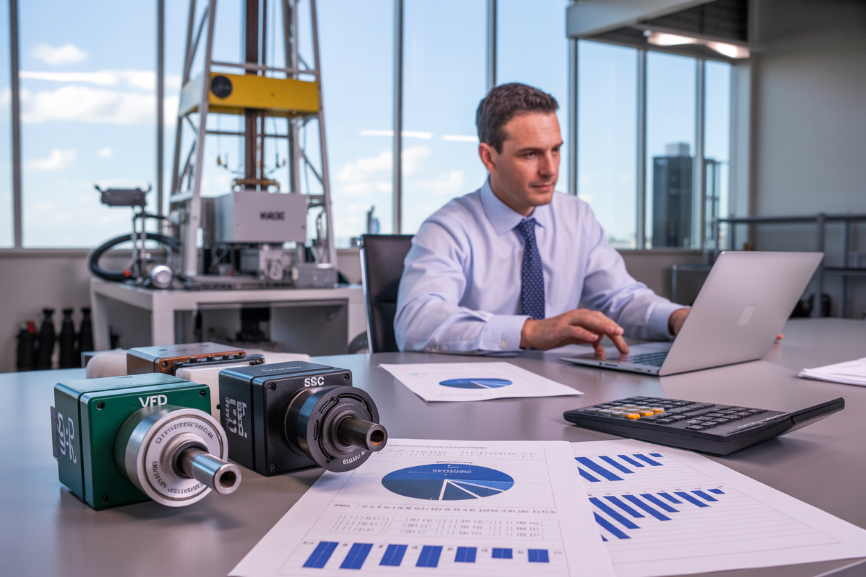Create a realistic image of a modern industrial office setting with a desk displaying financial charts, calculator, and drilling equipment cost comparison documents, featuring VFD and SCR drive components on the table, with a white male engineer in business attire analyzing investment data on a laptop, professional lighting from large windows, clean corporate environment with drilling industry equipment visible in the background, focused analytical mood, absolutely NO text should be in the scene.