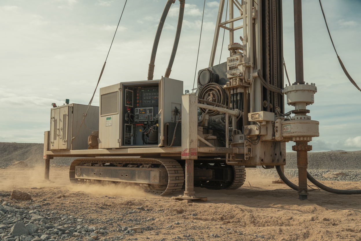 Create a realistic image of industrial drilling equipment in a harsh outdoor environment showing a large drilling rig with visible electrical drive components and control panels, heavy machinery operating in dusty conditions with scattered rocks and rough terrain, dramatic industrial lighting with overcast sky suggesting challenging weather conditions, emphasizing the robust construction and weathered appearance of the equipment to convey durability and reliability in demanding drilling operations, absolutely NO text should be in the scene.