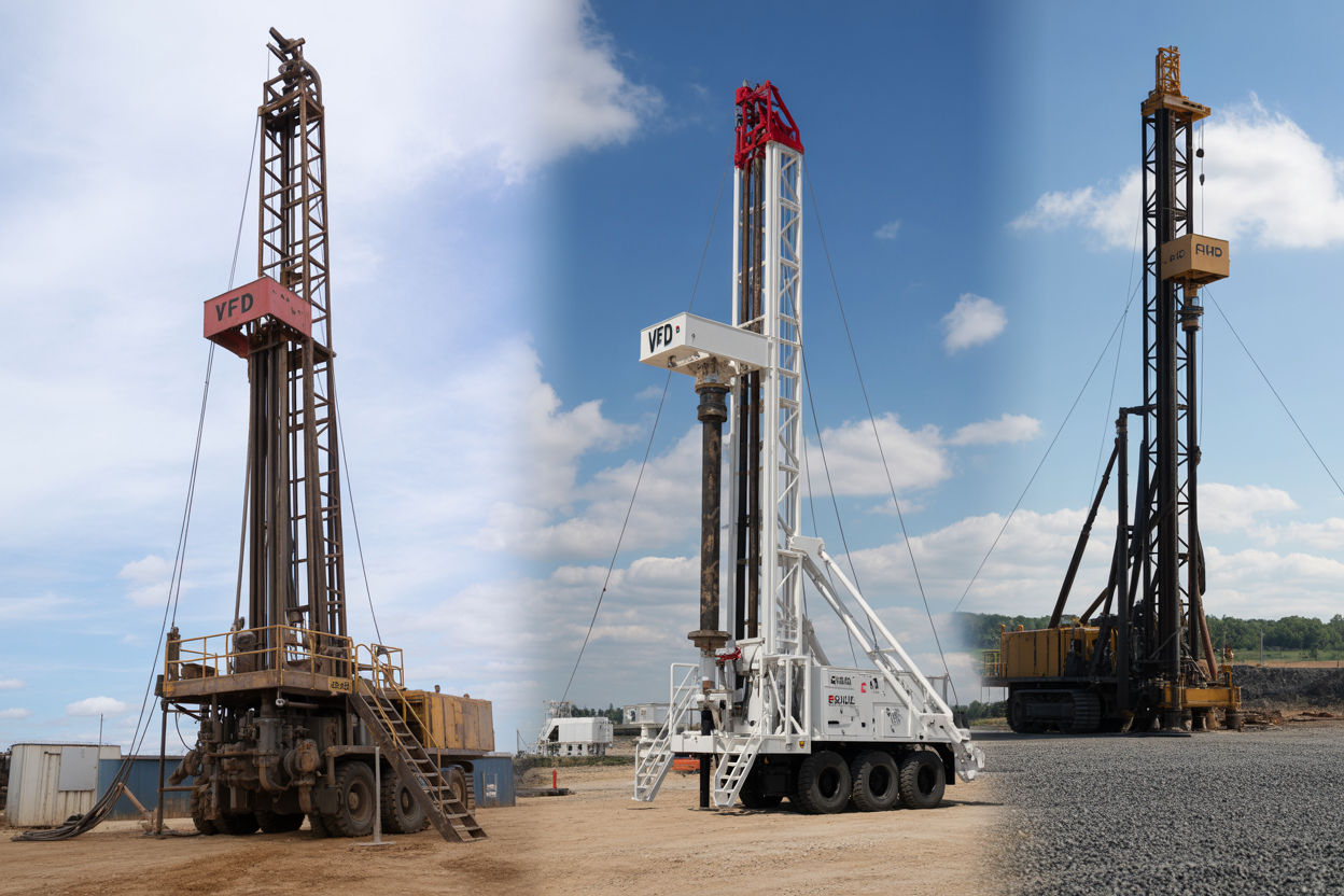 Create a realistic image of various drilling equipment and machinery showcasing different types of drilling operations, featuring an oil drilling rig, a water well drilling setup, and a mining drilling operation arranged in a split-scene composition, with VFD control panels and SCR drive systems visible on the equipment, set against an industrial outdoor environment with clear daylight, emphasizing the technical components and mechanical details of each drilling type, absolutely NO text should be in the scene.