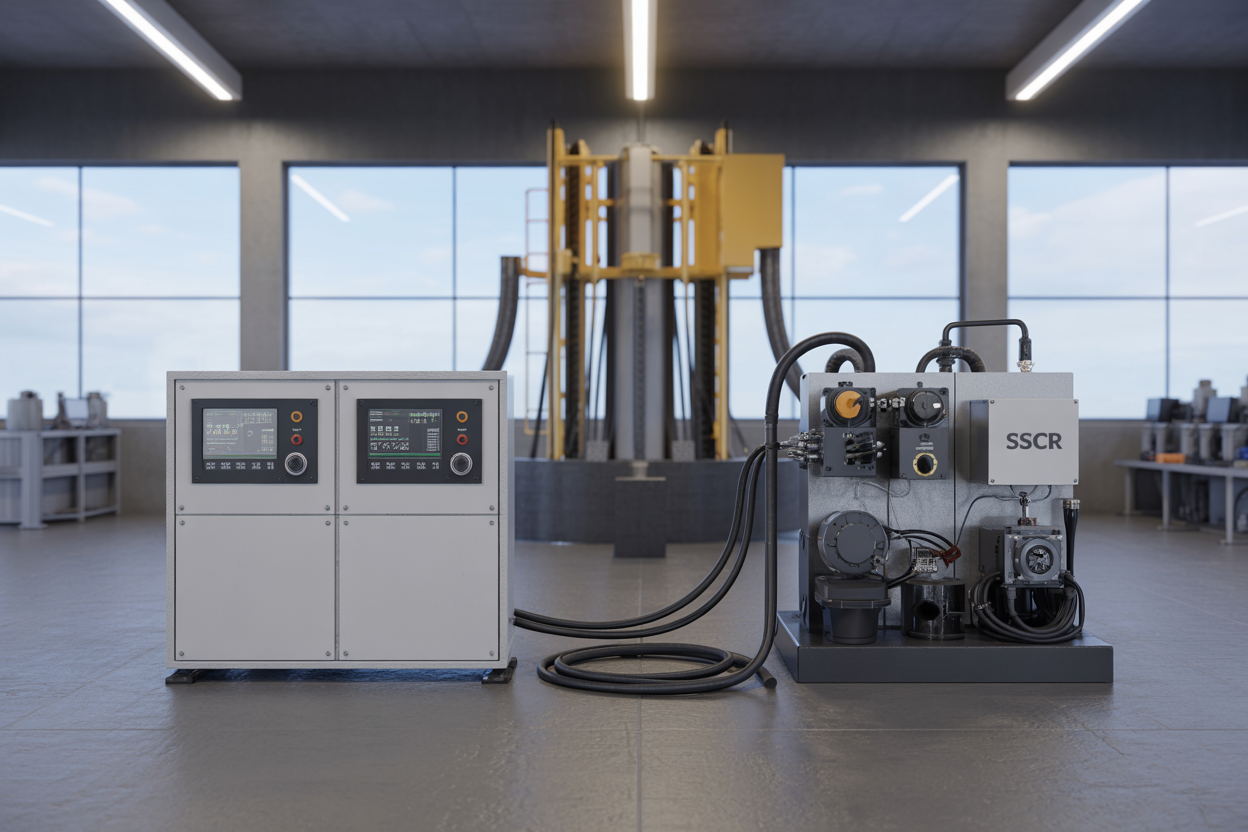 Create a realistic image of a modern industrial drilling facility showing two distinct control systems side by side - a sleek VFD control panel with digital displays and smooth interfaces on the left, and a robust SCR drive system with traditional analog controls and heavy-duty components on the right, both mounted on a concrete wall in a well-lit control room with drilling equipment visible through large windows in the background, overhead LED lighting creating a professional industrial atmosphere, cables and conduits neatly organized between the systems, emphasizing the technological comparison between the two drive technologies in an active drilling environment, absolutely NO text should be in the scene.