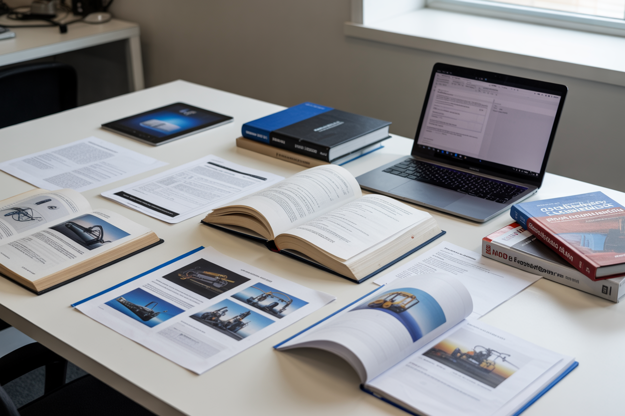 Create a realistic image of an organized collection of technical reference materials including open engineering textbooks, technical manuals, and research papers spread across a clean white desk surface, with some documents showing technical diagrams and charts related to industrial drilling equipment, alongside a modern laptop computer displaying technical documentation, a few professional engineering journals stacked neatly, and a tablet showing digital resources, all arranged in a well-lit office environment with soft natural lighting from a nearby window, creating a professional and academic atmosphere that suggests comprehensive research and technical documentation, absolutely NO text should be in the scene.