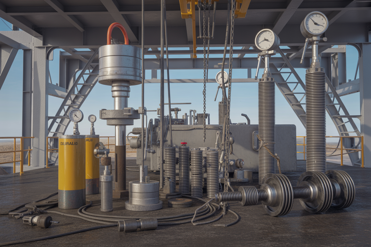 Create a realistic image of various industrial rig equipment components displaying different types of stored energy sources, featuring a hydraulic cylinder with visible pressure gauges, coiled steel springs, tensioned cables and chains, compressed air tanks with pressure indicators, elevated heavy machinery parts, and rotating mechanical equipment like flywheels, all arranged in an industrial oil rig setting with metal framework and industrial lighting, showing the mechanical complexity and potential energy storage points in drilling operations, with a professional industrial atmosphere under bright overhead lighting, absolutely NO text should be in the scene.